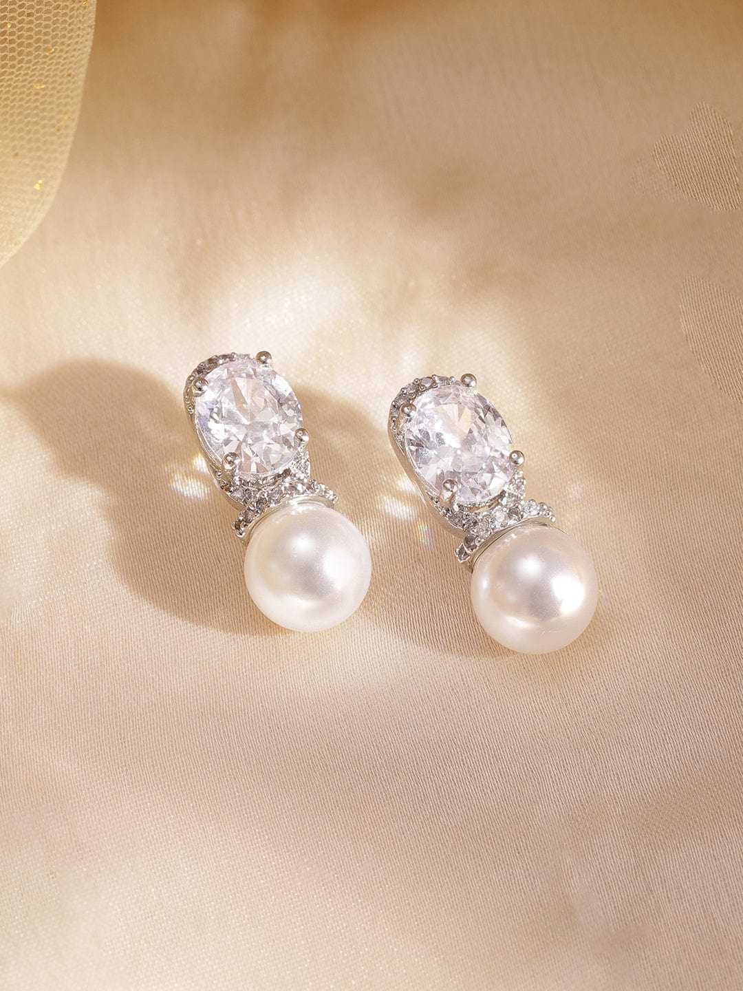 Rhodium plated zirconia studded pearl drop glamour Dainty earrings Earrings