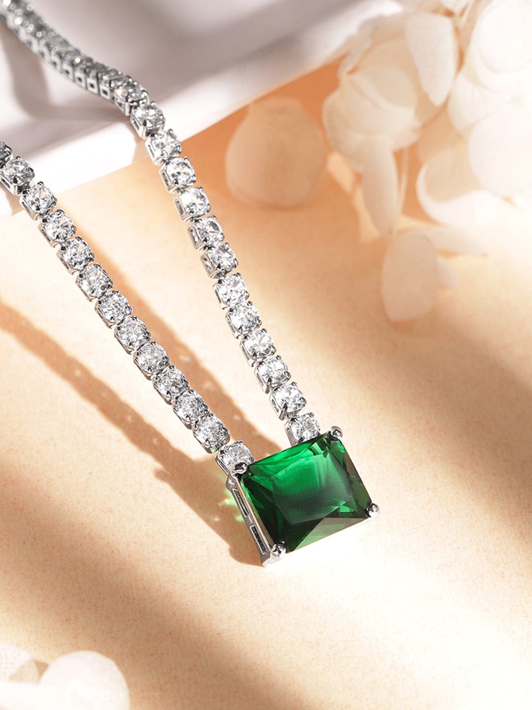 Rhodium Silver Plated of Zircon with Green stone statement necklace Necklaces, Necklace Sets, Chains & Mangalsutra