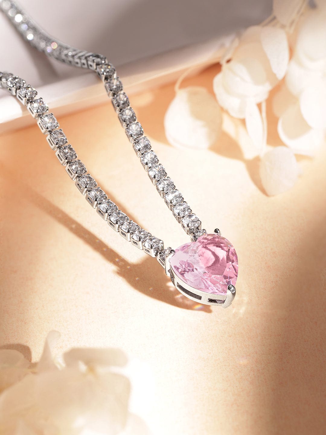 Rhodium Silver Plated of Zircon with Pink heart shape stone statement necklace Necklace
