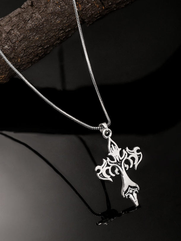 Roadster Men Silver-Toned Polished Tribal Cross Pendant with Chain Chain & Necklace