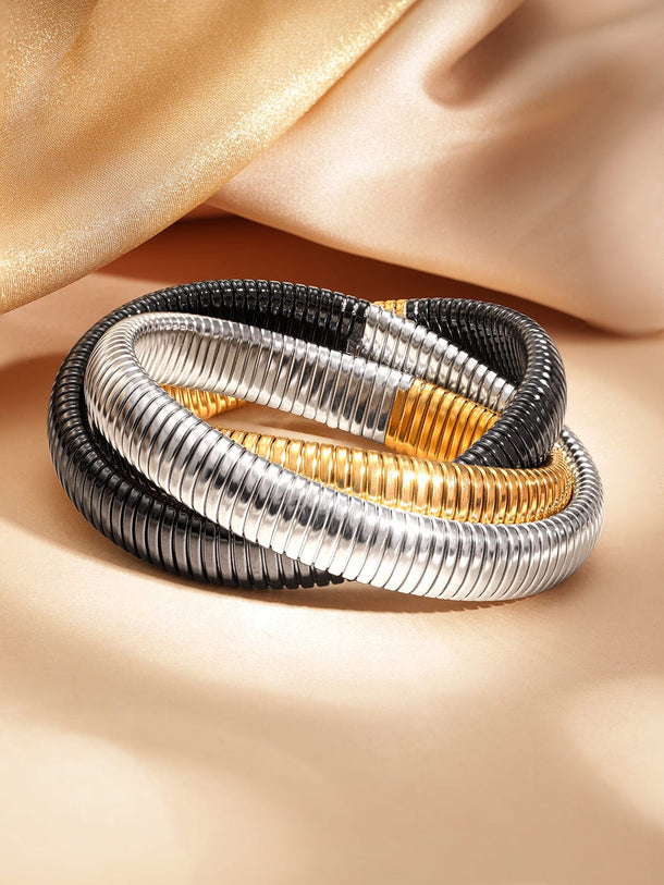 Rodium plated Dual tone of 3 layered twisted sprial of shimmer bracelet Bangles & Bracelets
