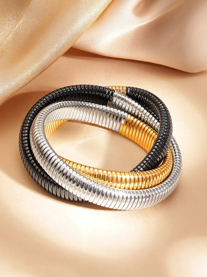 Rodium plated Dual tone of 3 layered twisted sprial of shimmer bracelet Bangles & Bracelets