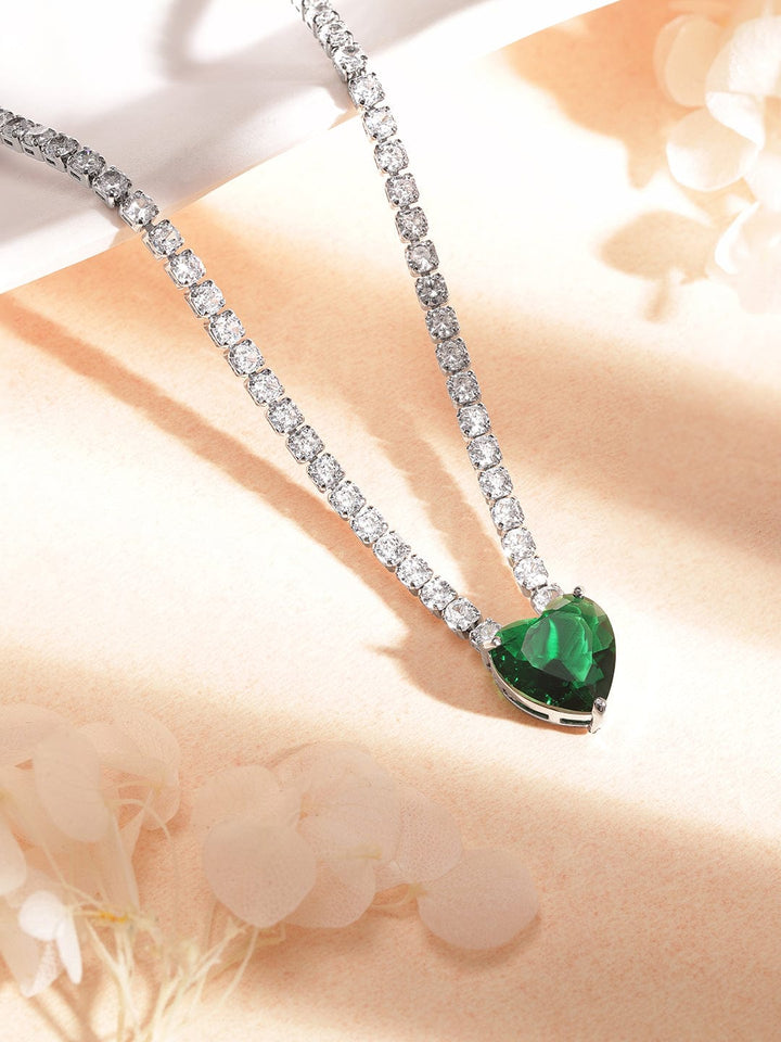 Rodium Silver Plated of Zircon with Green  heart shape stone statement necklace Necklaces, Chains & necklace