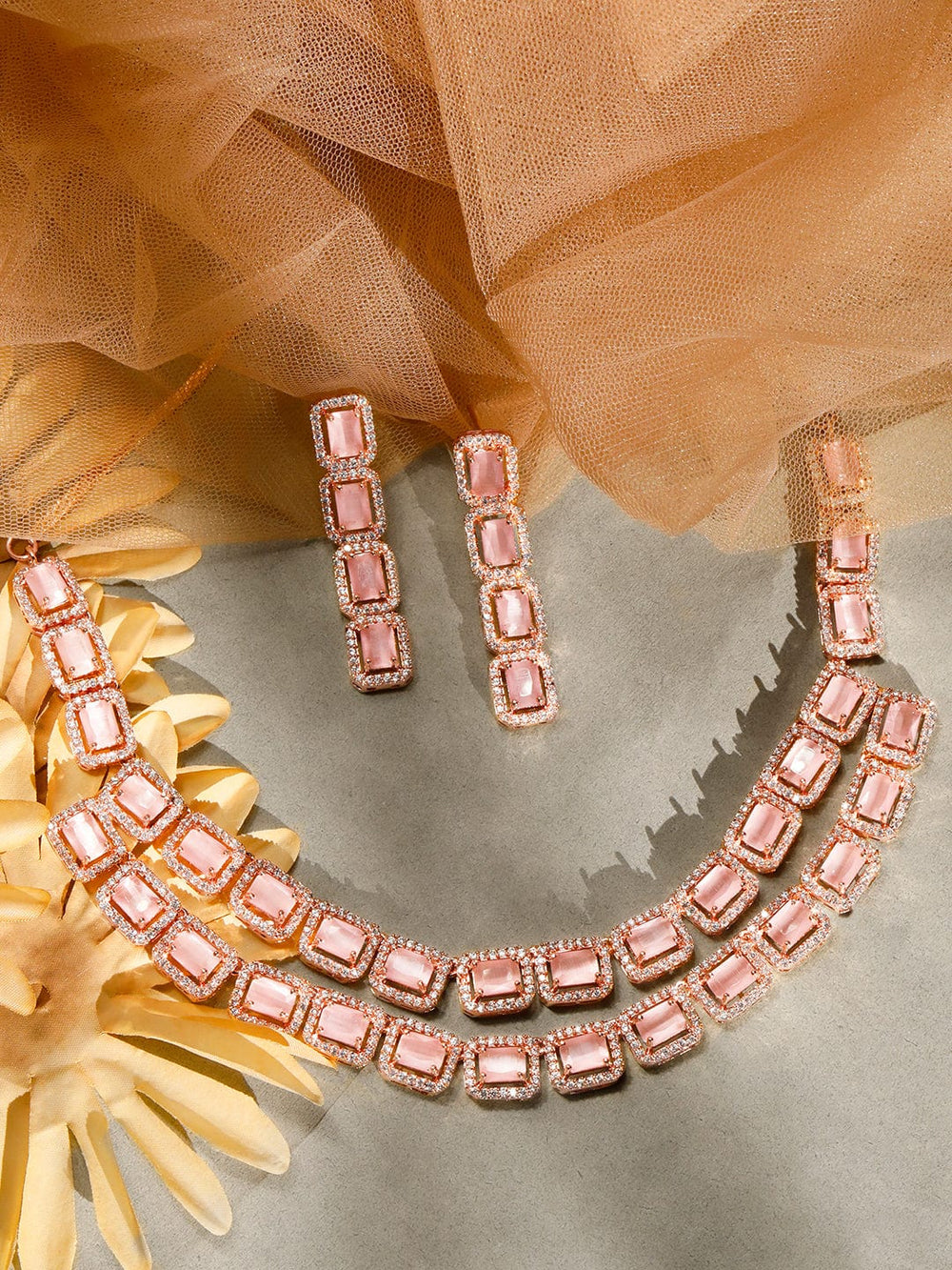 Rose Gold Pink Gemstone Studded Elegant Necklace Set Necklace Set