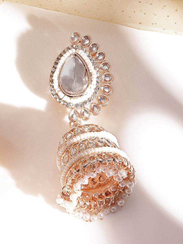 Rose gold plated kundan studded pearl beaded statment jhumka Earrings