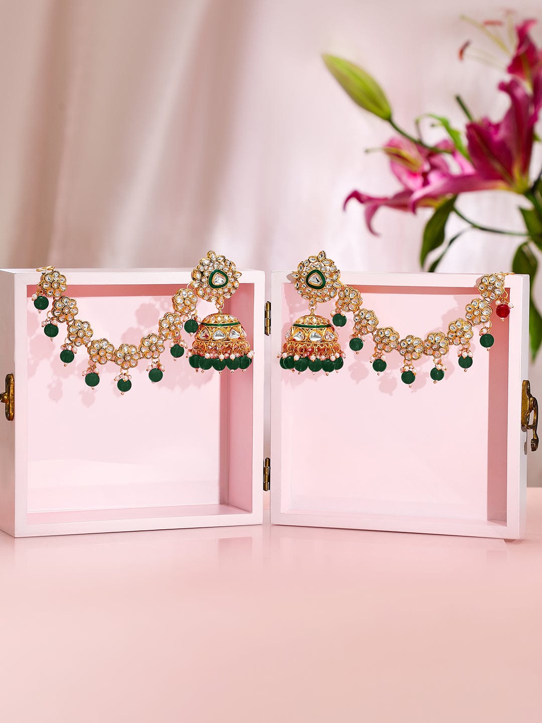 Royal Kaan Chain Kundan Green Jhumka Earrings Earrings