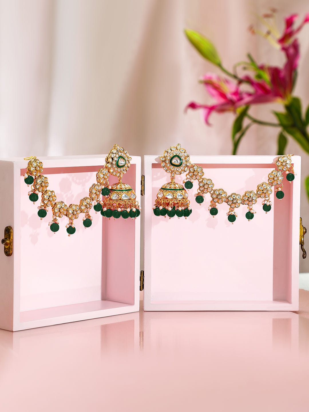 Royal Kaan Chain Kundan Green Jhumka Earrings – Rubans