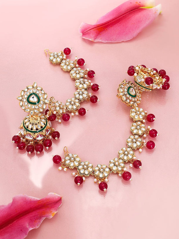 Royal Kaan Chain Kundan Red Jhumka Earrings Earrings