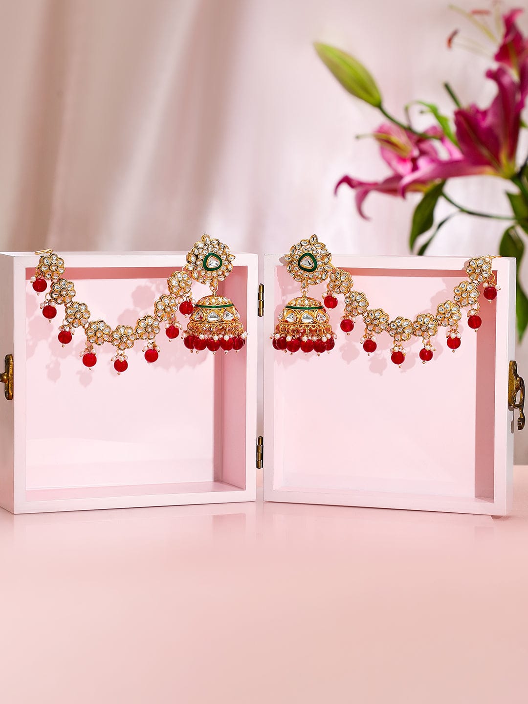 Royal Kaan Chain Kundan Red Jhumka Earrings Earrings