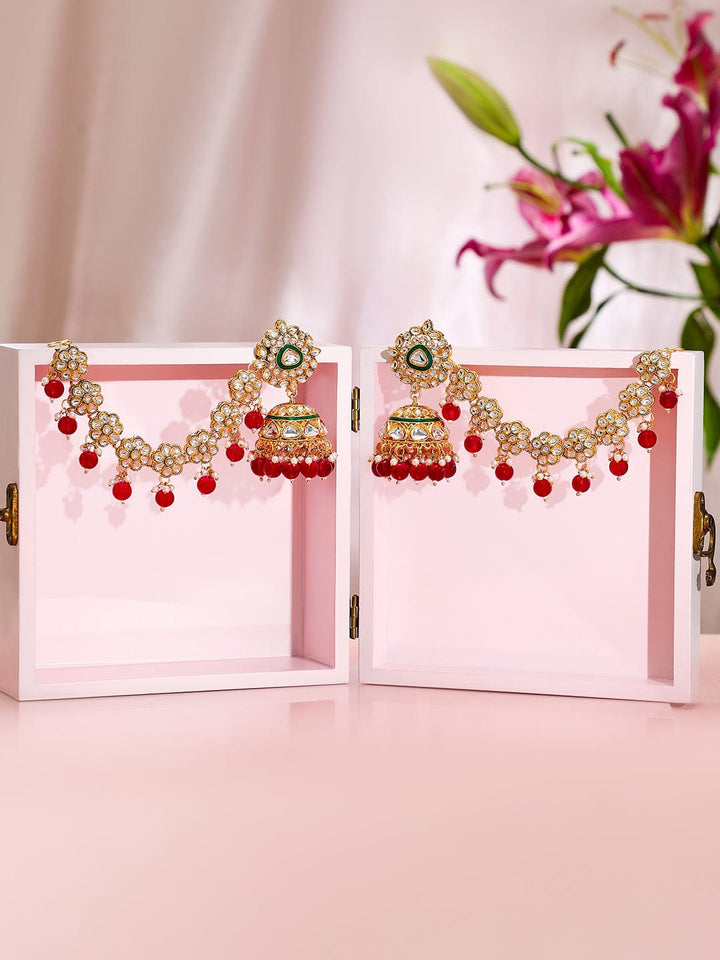 Royal Kaan Chain Kundan Red Jhumka Earrings Earrings