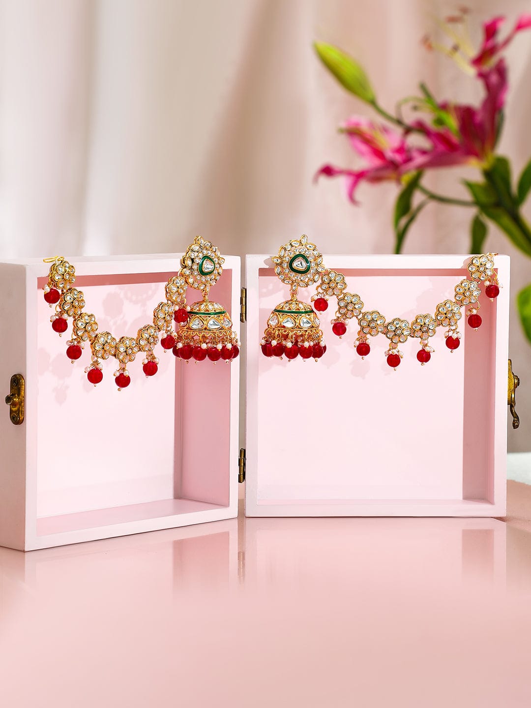 Royal Kaan Chain Kundan Red Jhumka Earrings Earrings