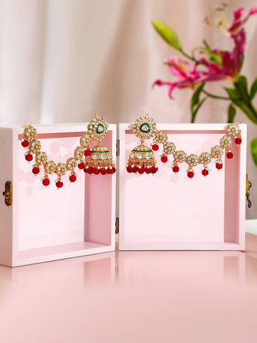 Royal Kaan Chain Kundan Red Jhumka Earrings Earrings