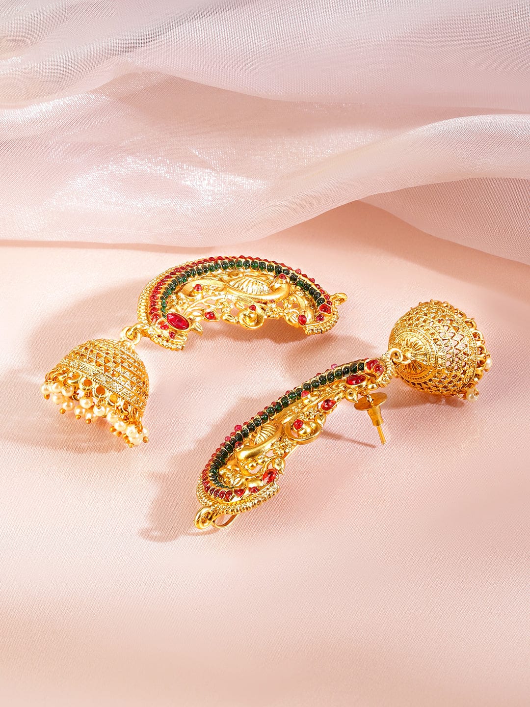 Royal Riwaaz Red & Green Earcuff with Jhumka Earrings