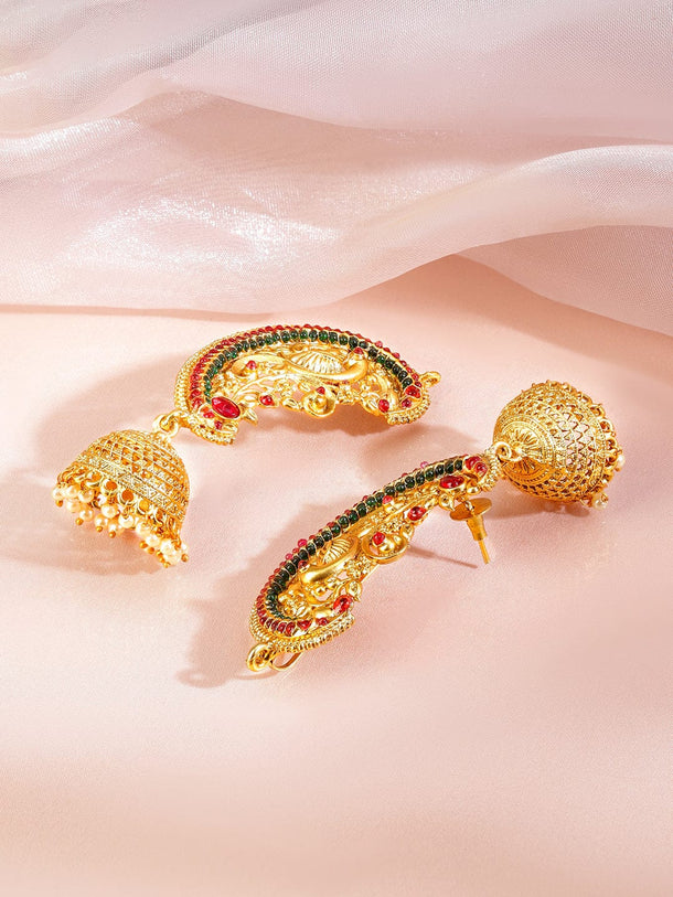 Royal Riwaaz Red & Green Earcuff with Jhumka Earrings