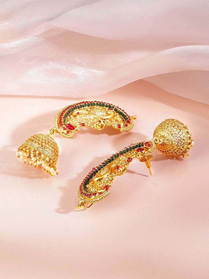 Royal Riwaaz Red & Green Earcuff with Jhumka Earrings