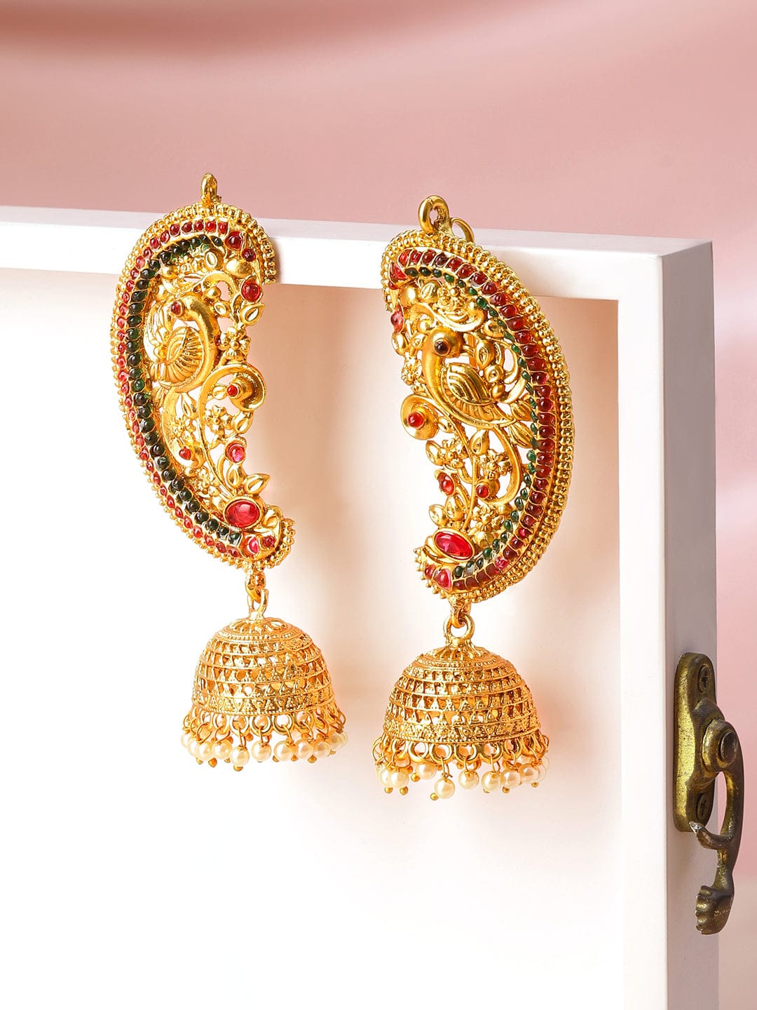 Royal Riwaaz Red & Green Earcuff with Jhumka Earrings
