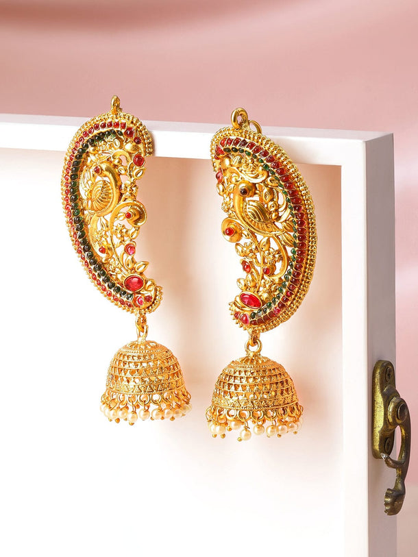 Royal Riwaaz Red & Green Earcuff with Jhumka Earrings