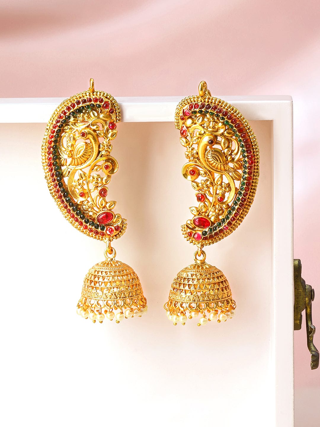 Royal Riwaaz Red & Green Earcuff with Jhumka Earrings