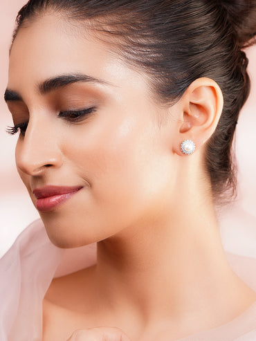 925 Fine Silver Rhodium Plated Floral Pearl Stud Earrings