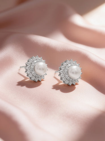 925 Fine Silver Rhodium Plated Floral Pearl Stud Earrings