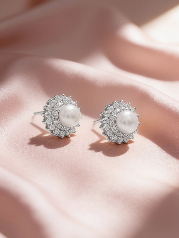 925 Fine Silver Rhodium Plated Floral Pearl Stud Earrings