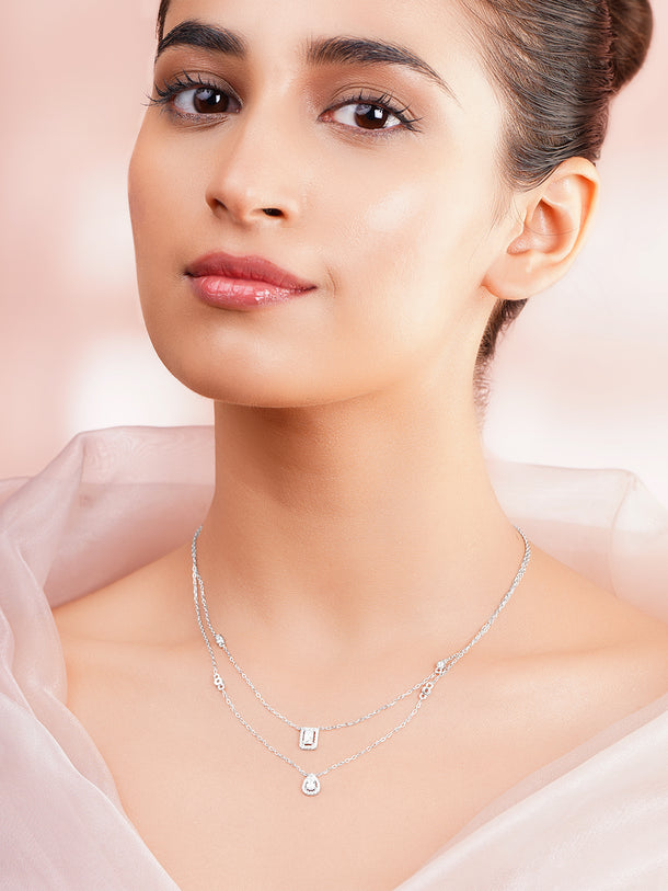 925 Fine Silver Rhodium Plated Cubic Tear Drop Layered Necklace