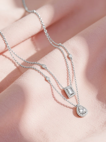925 Fine Silver Rhodium Plated Cubic Tear Drop Layered Necklace