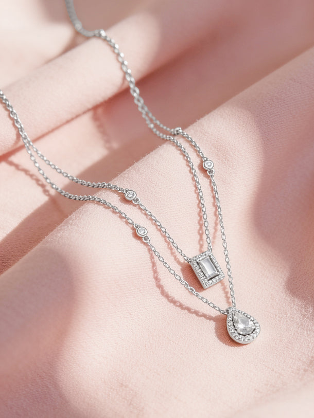 925 Fine Silver Rhodium Plated Cubic Tear Drop Layered Necklace