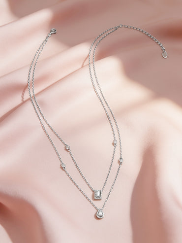 925 Fine Silver Rhodium Plated Cubic Tear Drop Layered Necklace