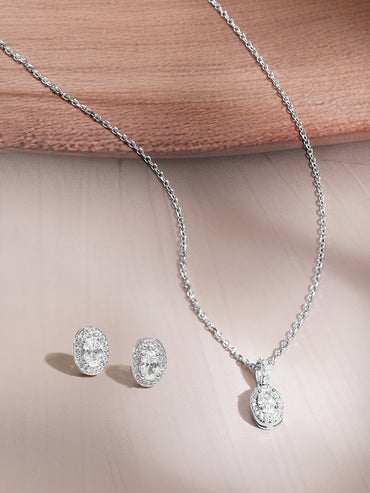 925 Fine Silver Cubic Zirconia Classic Oval Pendant Necklace Set