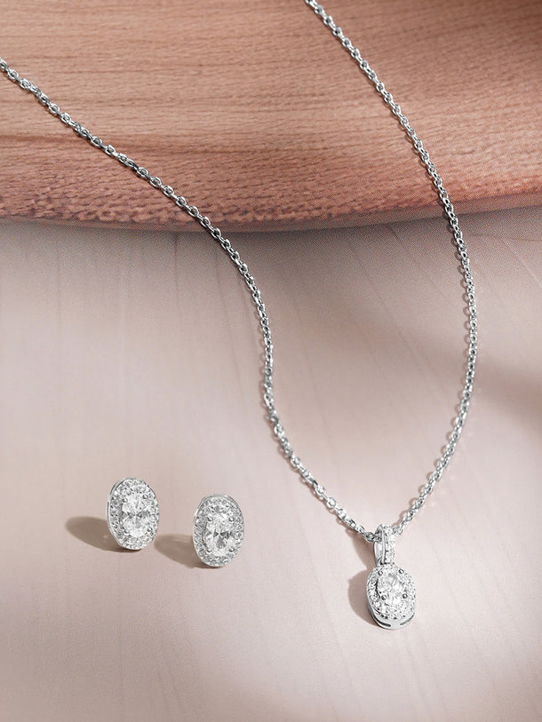 925 Fine Silver Cubic Zirconia Classic Oval Pendant Necklace Set