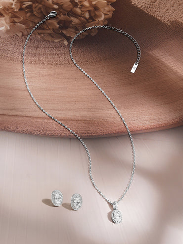 925 Fine Silver Cubic Zirconia Classic Oval Pendant Necklace Set