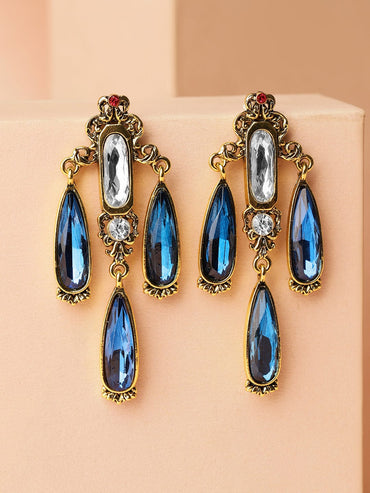 Rubans 18K Antique Gold-Plated Blue & White Stone Chandelier Earrings Earrings