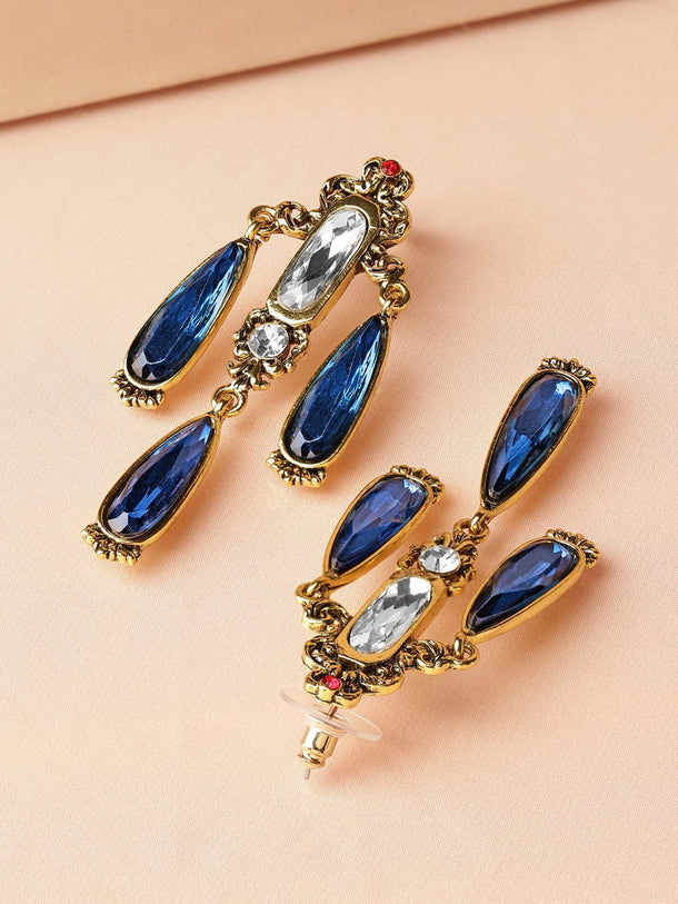 Rubans 18K Antique Gold-Plated Blue & White Stone Chandelier Earrings Earrings