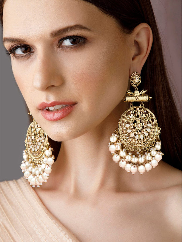 Rubans 18K Antique Gold-Plated Crescent Shaped Stone & White Pearls Beaded Chandbalis Earrings