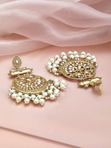 Rubans 18K Antique Gold-Plated Crescent Shaped Stone & White Pearls Beaded Chandbalis Earrings