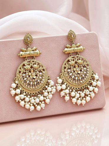Rubans 18K Antique Gold-Plated Crescent Shaped Stone & White Pearls Beaded Chandbalis Earrings