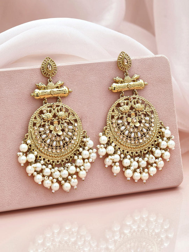 Rubans 18K Antique Gold-Plated Crescent Shaped Stone & White Pearls Beaded Chandbalis Earrings
