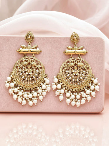 Rubans 18K Antique Gold-Plated Crescent Shaped Stone & White Pearls Beaded Chandbalis Earrings