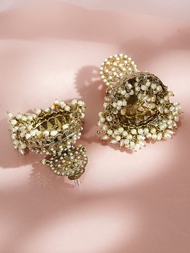 Rubans 18K Antique Gold-Plated Handcrafted Pearl Beaded Kundan Jhumka Earrings Earrings