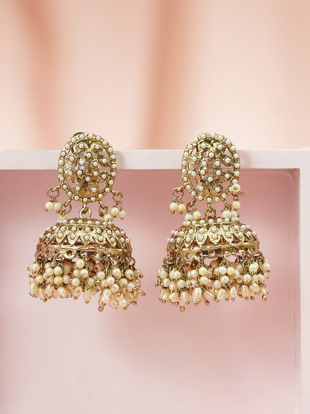 Rubans 18K Antique Gold-Plated Handcrafted Pearl Beaded Kundan Jhumka Earrings Earrings