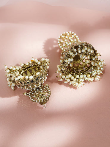 Rubans 18K Antique Gold-Plated Handcrafted Pearl Beaded Kundan Jhumka Earrings Earrings