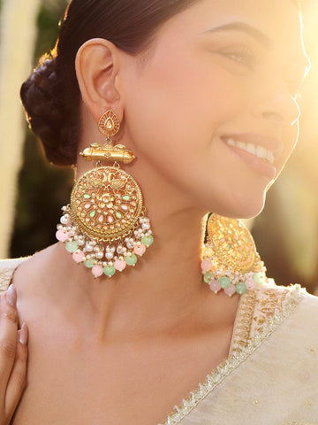 Rubans 18K Antique Gold-Plated Peacock Motif Big Chandbali Earrings with Pearl & Pastel Green & Pink Beads Chandbali Earrings