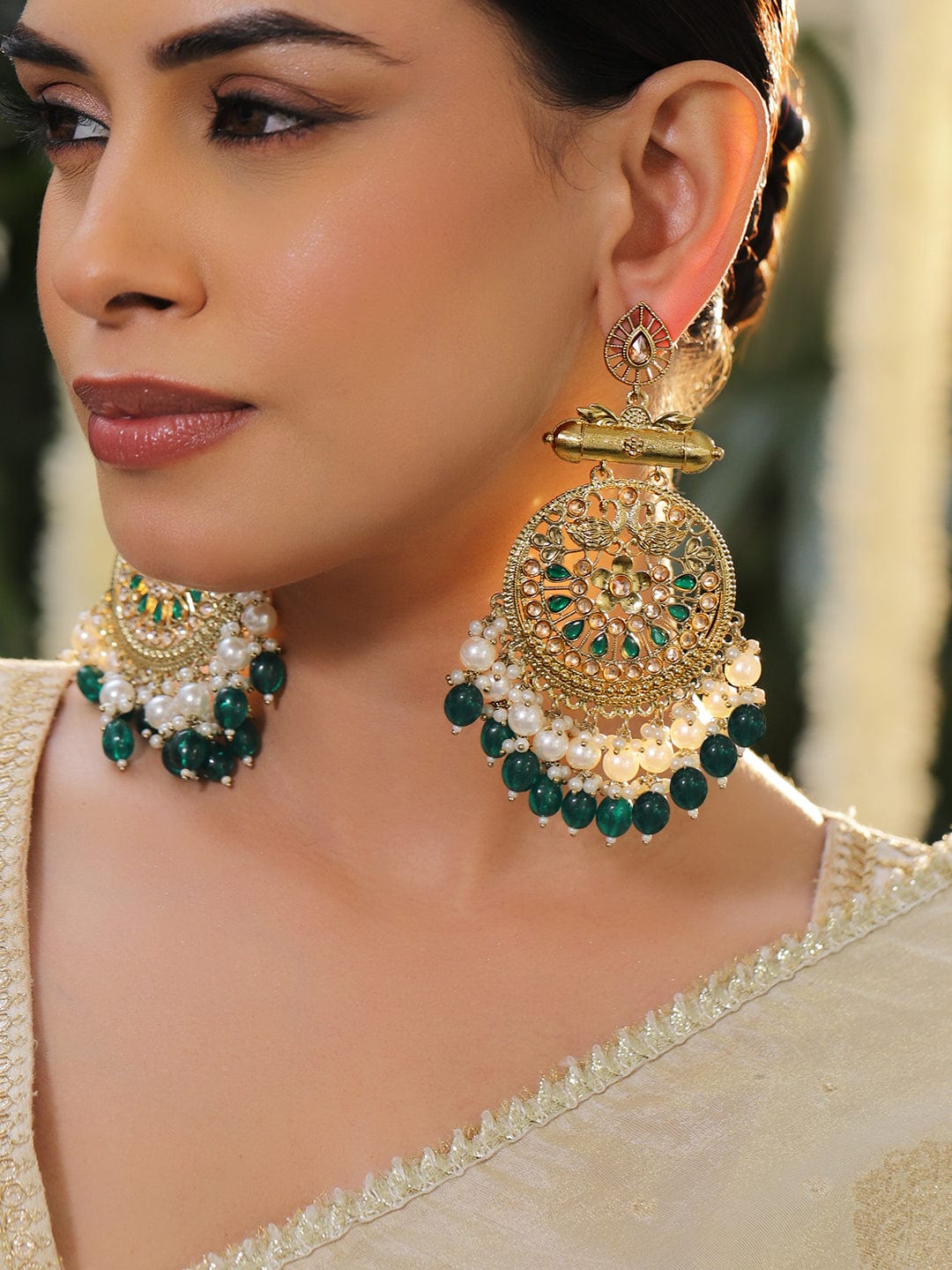 Rubans 18K Antique Gold-Plated Pearl & Emerald Green Beaded Peacock Motif Big Chandbali Earrings Chandbali Earrings