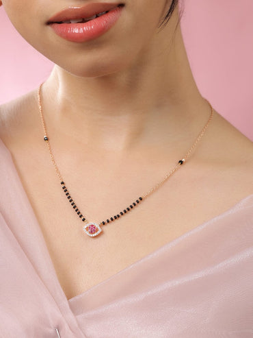 Rubans 18K Gold and Rose Gold-Plated Ruby Pink & White Cubic Zirconia Studded Floral & Teardrop Pendant Mangalsutra with Black & Gold Beaded Chain Mangalsutra