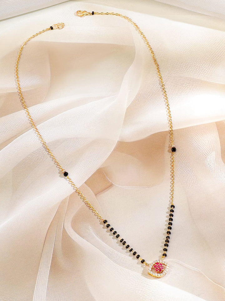 Rubans 18K Gold and Rose Gold-Plated Ruby Pink & White Cubic Zirconia Studded Floral & Teardrop Pendant Mangalsutra with Black & Gold Beaded Chain Mangalsutra