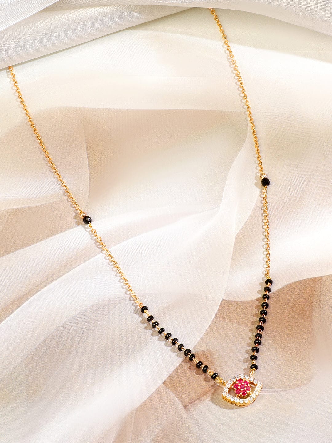 Rubans 18K Gold and Rose Gold-Plated Ruby Pink & White Cubic Zirconia Studded Floral & Teardrop Pendant Mangalsutra with Black & Gold Beaded Chain Mangalsutra