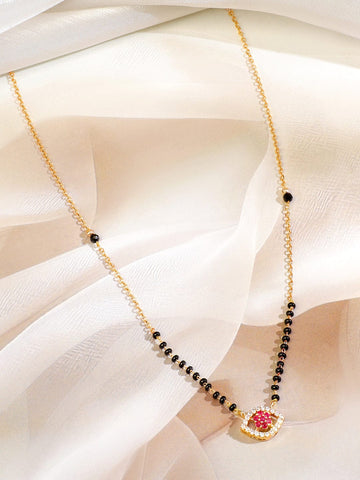 Rubans 18K Gold and Rose Gold-Plated Ruby Pink & White Cubic Zirconia Studded Floral & Teardrop Pendant Mangalsutra with Black & Gold Beaded Chain Mangalsutra