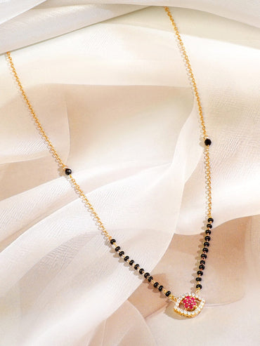 Rubans 18K Gold and Rose Gold-Plated Ruby Pink & White Cubic Zirconia Studded Floral & Teardrop Pendant Mangalsutra with Black & Gold Beaded Chain Mangalsutra