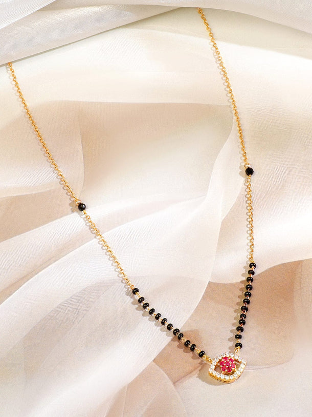 Rubans 18K Gold and Rose Gold-Plated Ruby Pink & White Cubic Zirconia Studded Floral & Teardrop Pendant Mangalsutra with Black & Gold Beaded Chain Mangalsutra